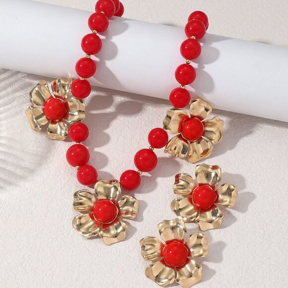 🌺Red Bead & Gold Flower Statement Necklace & Earring Set! - Picture 3 of 4